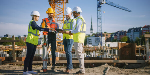 Diverse,Team,Of,Specialists,Use,Tablet,Computer,On,Construction,Site.